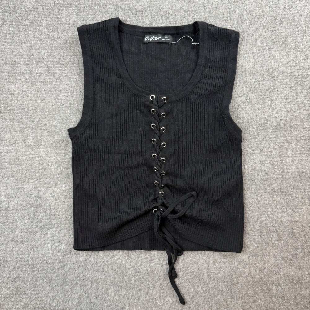 Aster Lace Up Ribbed Tank Top Women's XS Black Grommet Sleeveless Knit SW6946